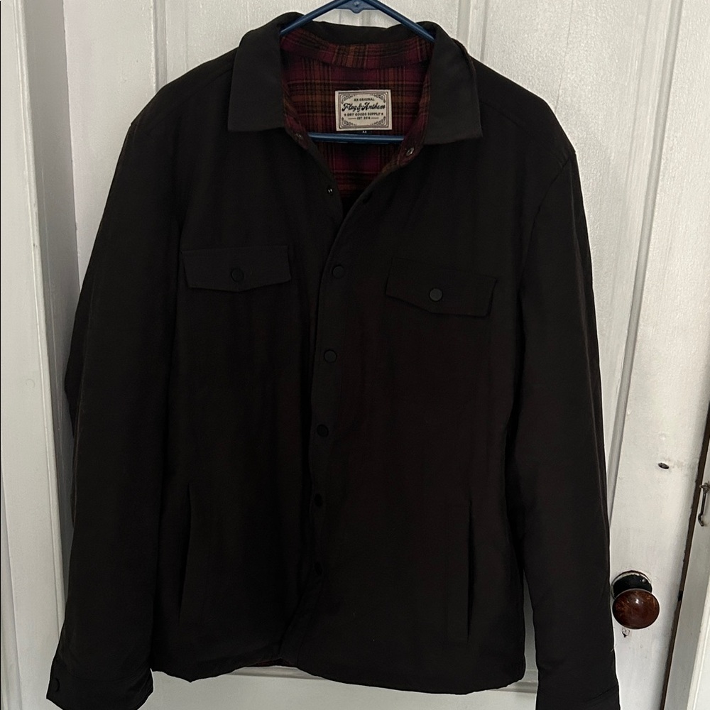 Stylish Dark Brown Shirt Jacket with Red Plaid Lining